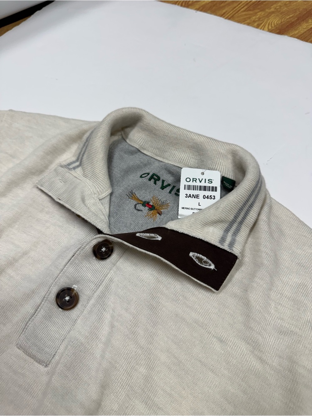 NEW Orvis Sweater Mens L White 100% Merino Wool Mock Neck Henley Button $149